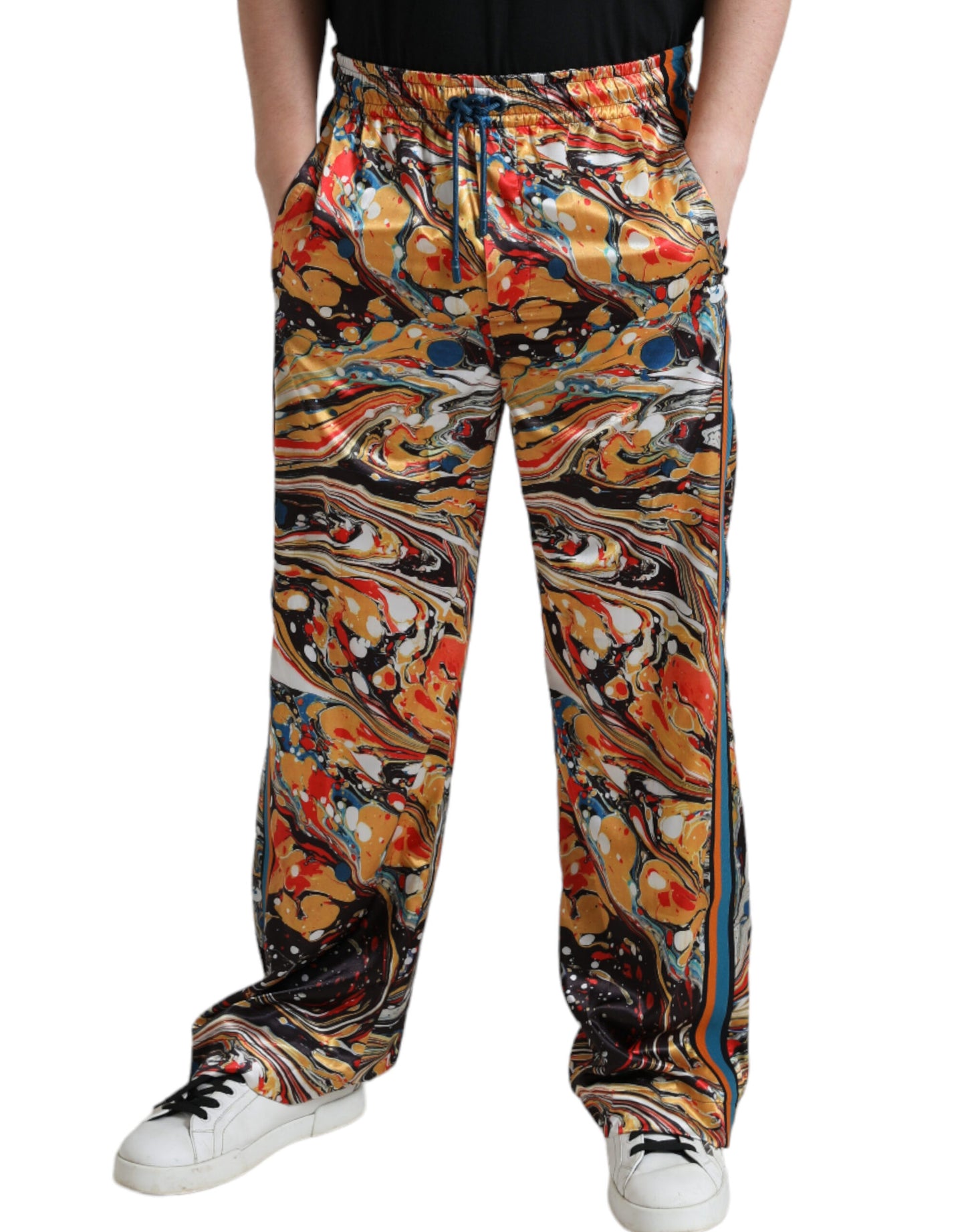 Elegante pantalón deportivo de satén en mármol multicolor