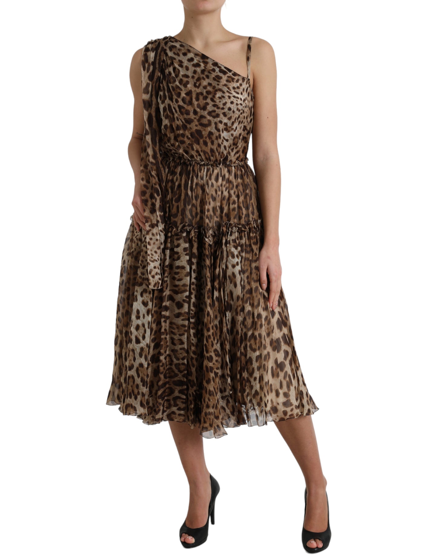 Elegant One-Shoulder Leopard Midi Dress