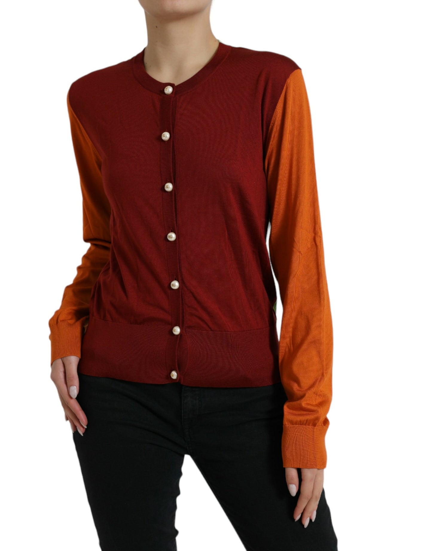 Silk Button Front Cardigan in Maroon Mix