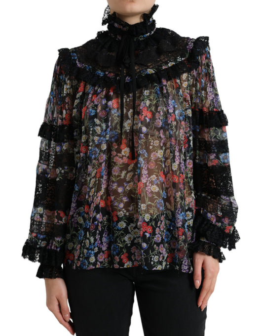 Elegante blusa floral de seda con adornos de encaje