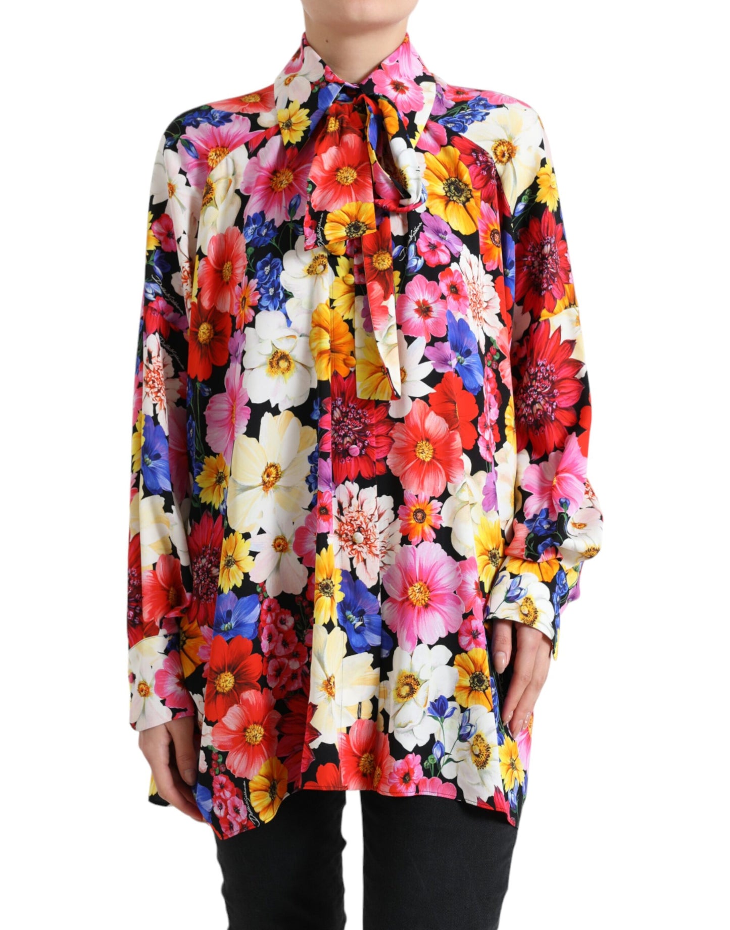 Blusa floral de seda con lazada delantera