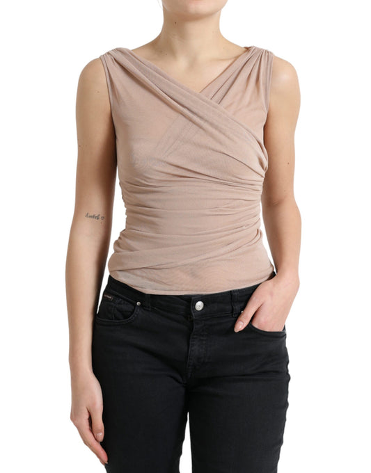 Elegante camiseta de tirantes beige sin mangas y cuello en V