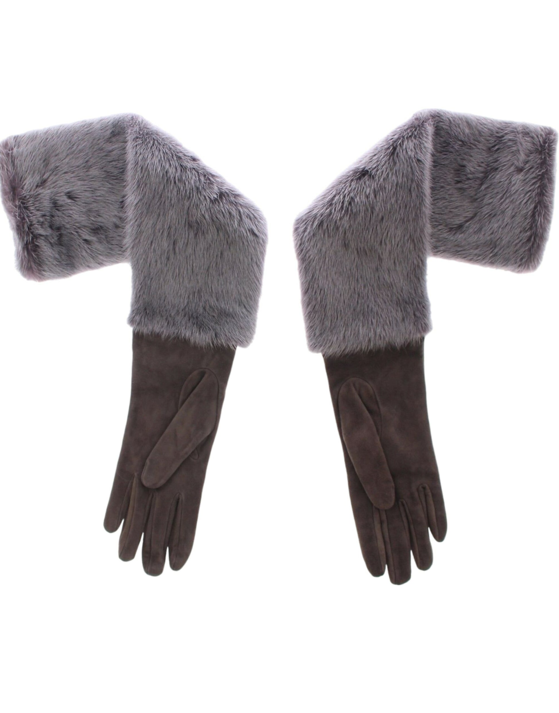 Guantes elegantes de piel de visón gris hasta el codo