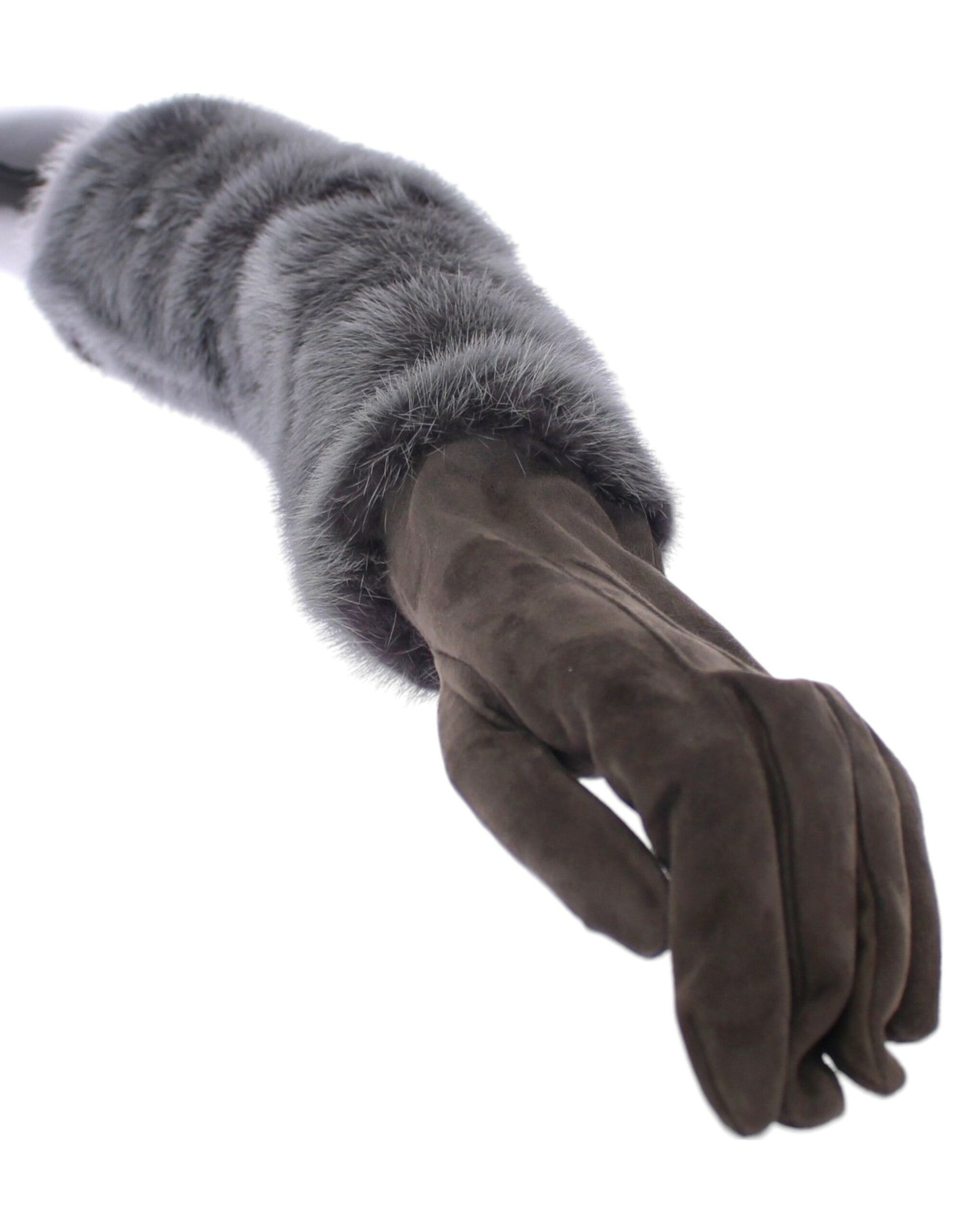 Guantes elegantes de piel de visón gris hasta el codo