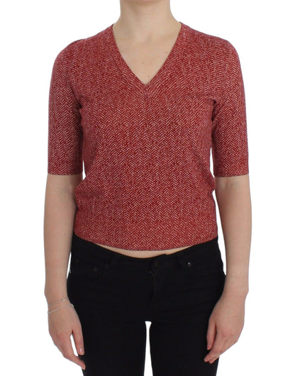 Encantador suéter de tweed rojo con cuello en V