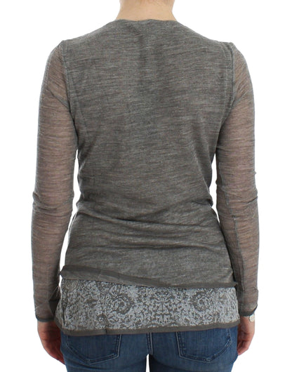 Elegant Gray Wool Blend Deep V-neck Sweater