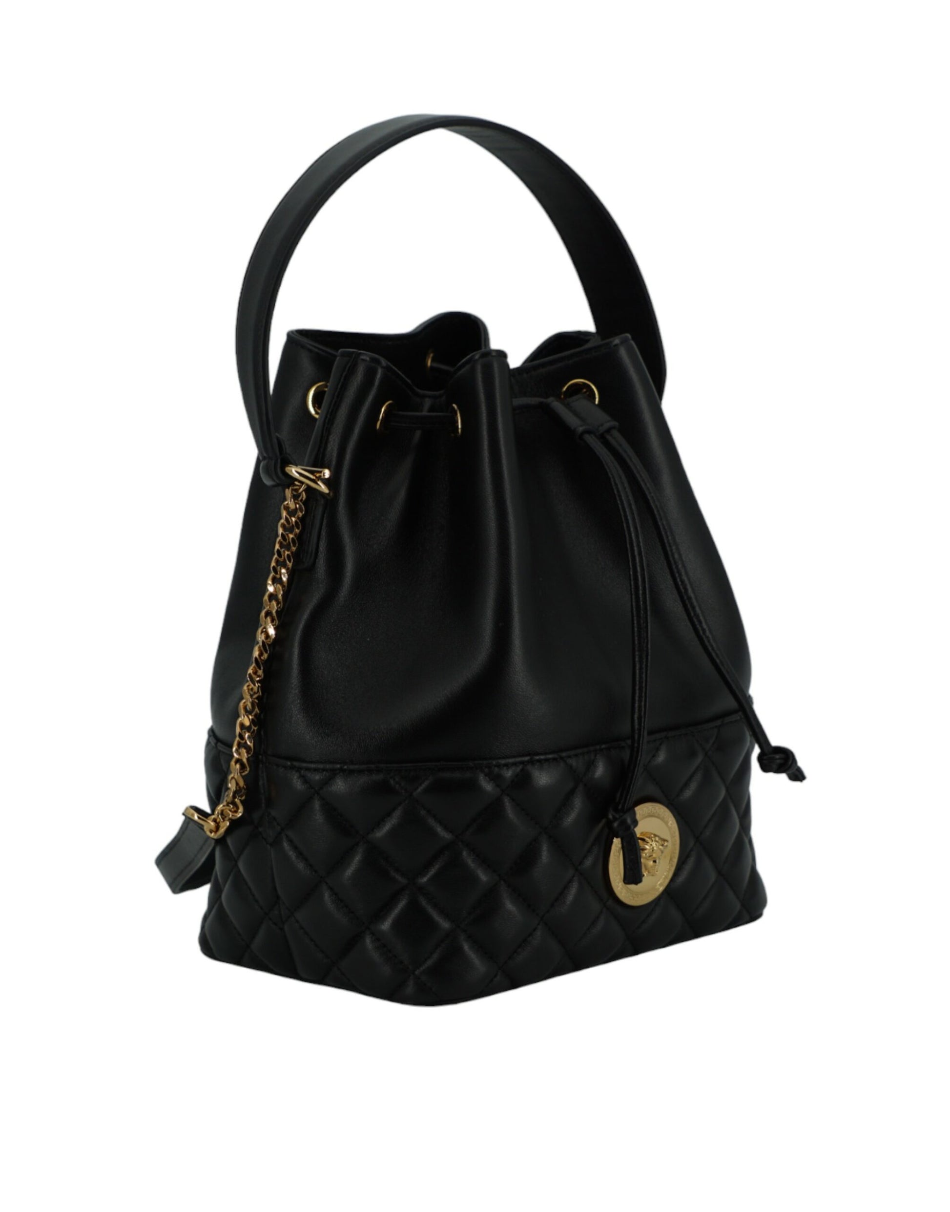 Elegant Black Leather Medusa Bucket Shoulder Bag