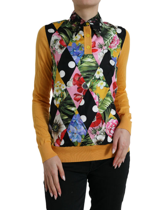 Elegante jersey patchwork Henley en mezcla de seda