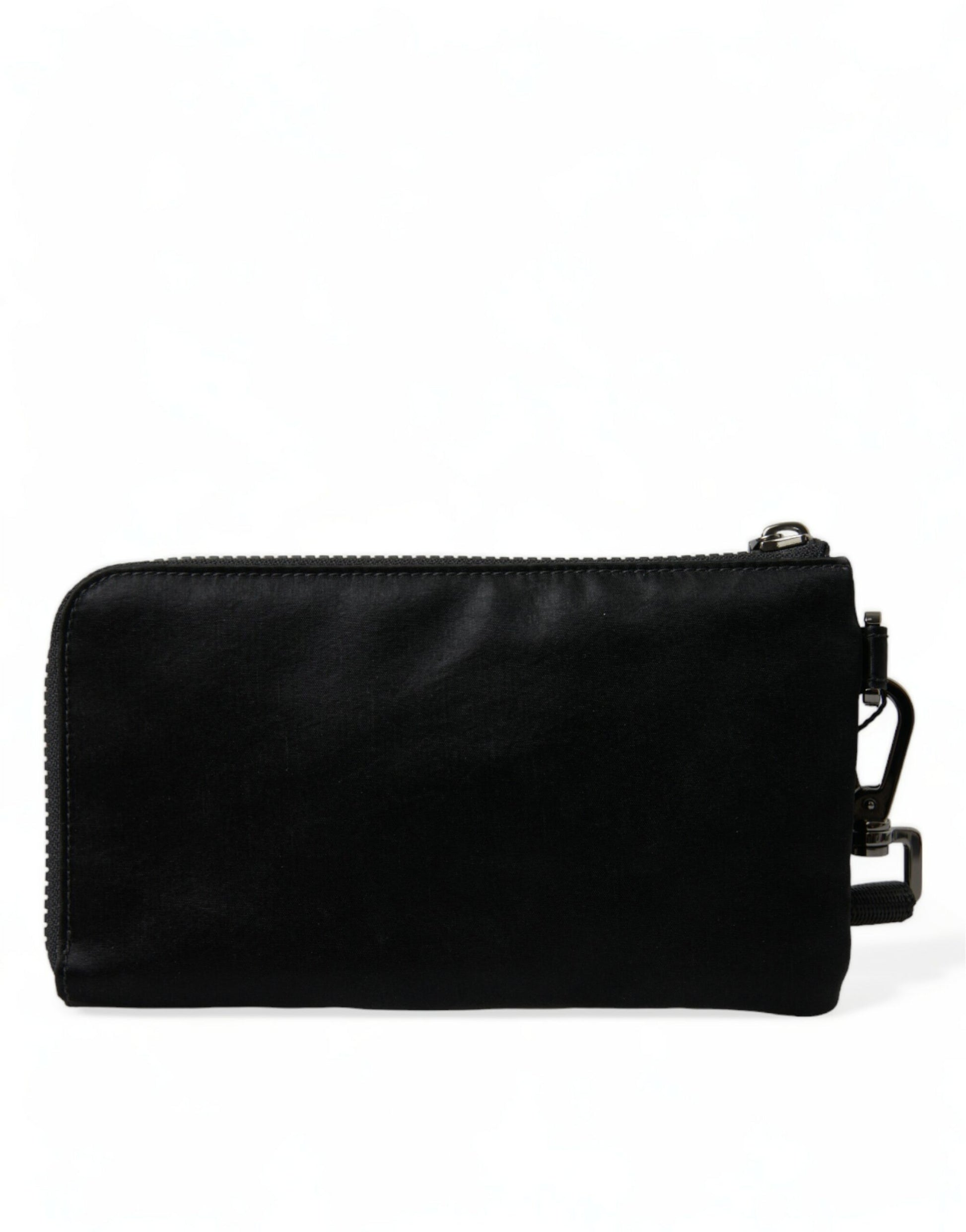 Elegant Black Nylon Leather Pouch with Silver Details