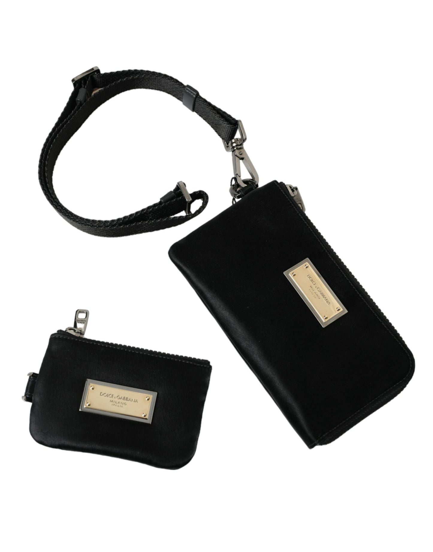 Elegant Black Nylon Leather Pouch with Silver Details