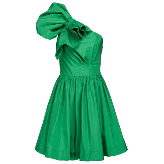 Elegante vestido verde drapeado con bustier y vuelo