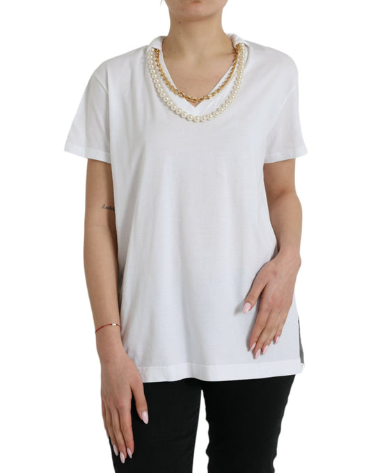 Elegante camiseta blanca de algodón con detalle de collar