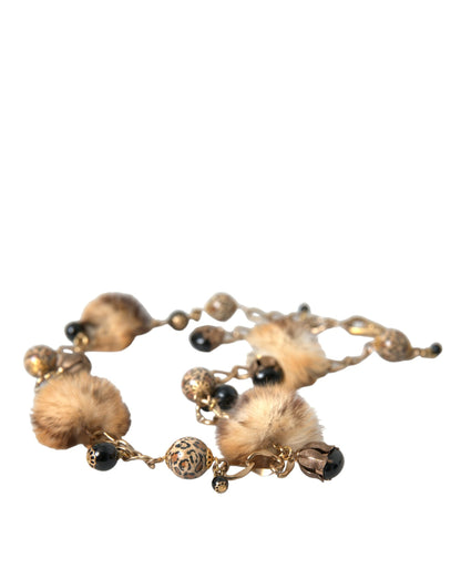 Gold Brass Leopard Fur Pearl Collier Chain Belt