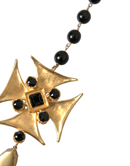 Gold Tone Brass Cross Black Beaded Chain Rosary Necklace