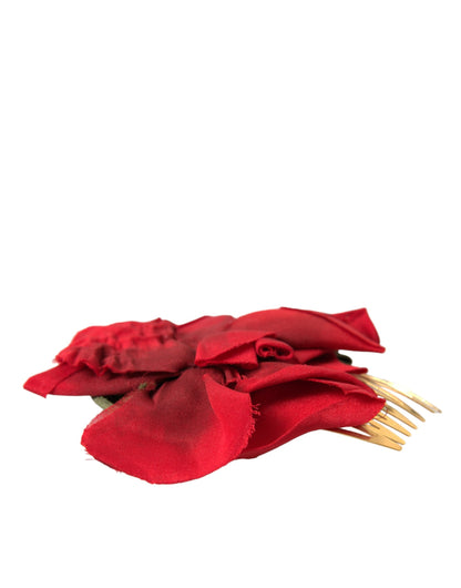 Peineta para el cabello de mujer de latón dorado y seda roja con flores