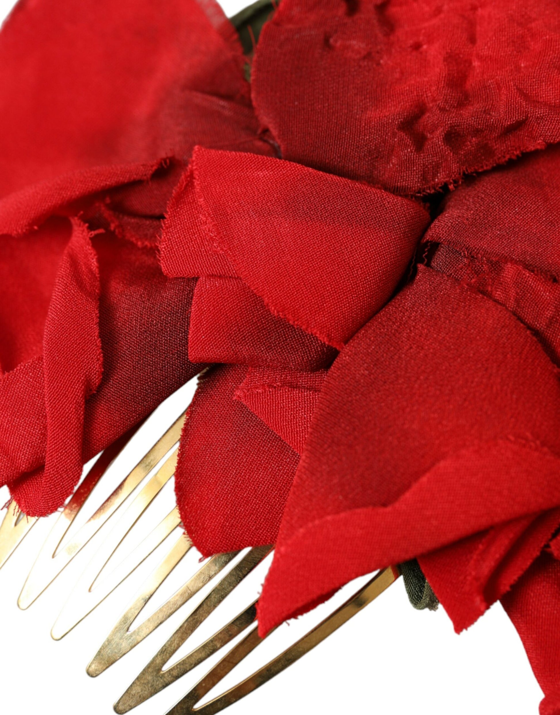 Peineta para el cabello de mujer de latón dorado y seda roja con flores