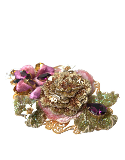 Gold Brass Floral Crystal Sequined Hair Clip