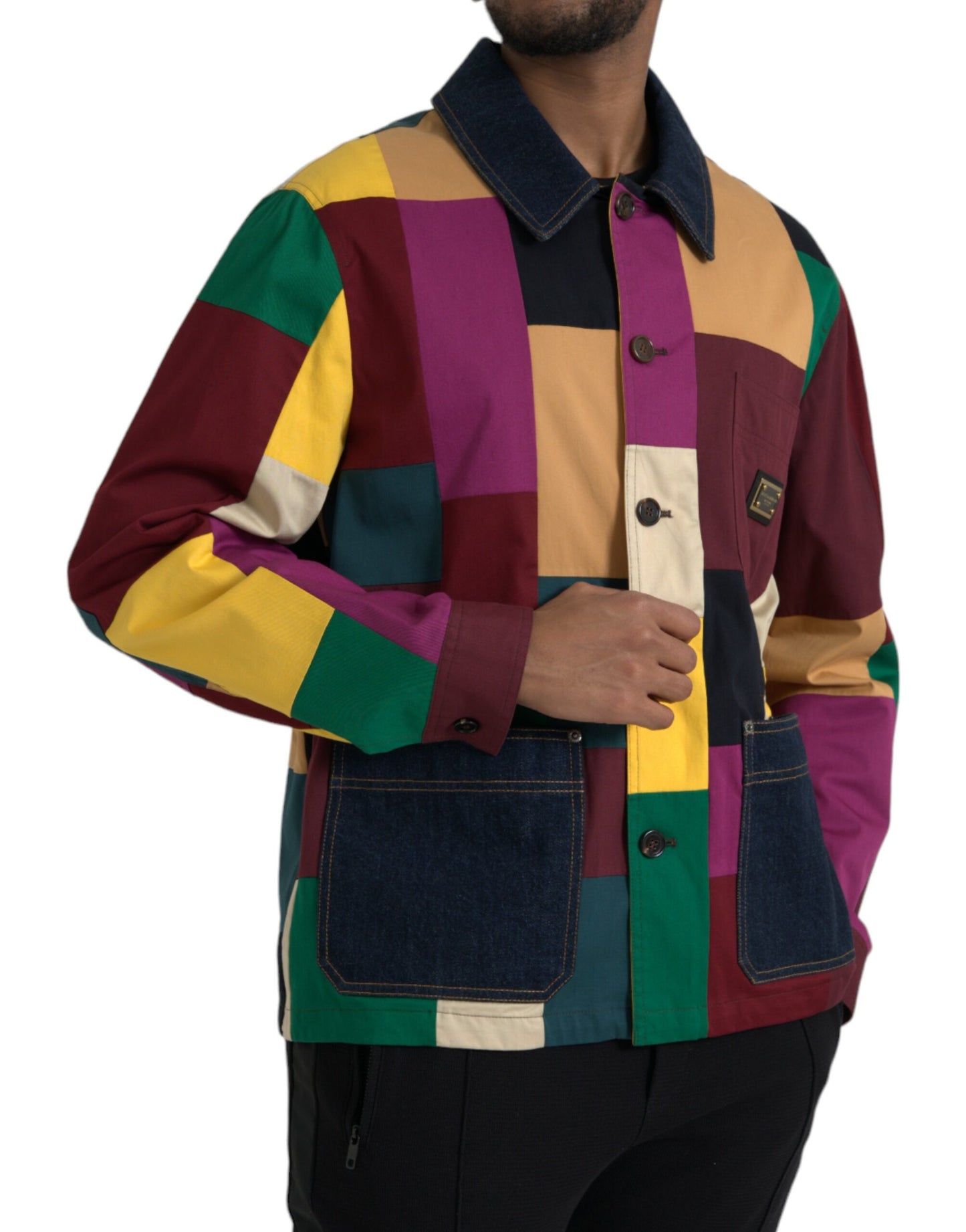 Chaqueta de algodón con cuello y parches multicolor