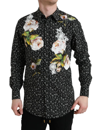 Camisa formal de vestir para hombre con estampado floral negro dorado