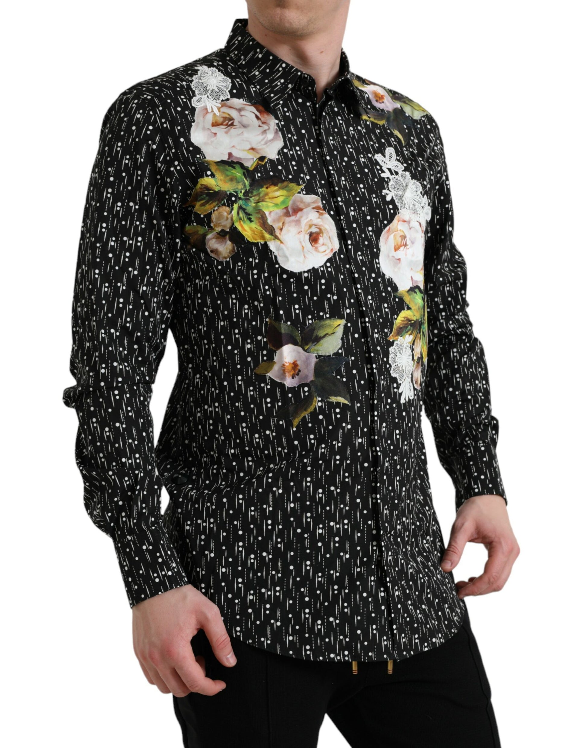 Camisa formal de vestir para hombre con estampado floral negro dorado