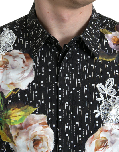 Camisa formal de vestir para hombre con estampado floral negro dorado