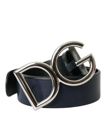 Blue Leather Silver Metal Logo Buckle Belt Men