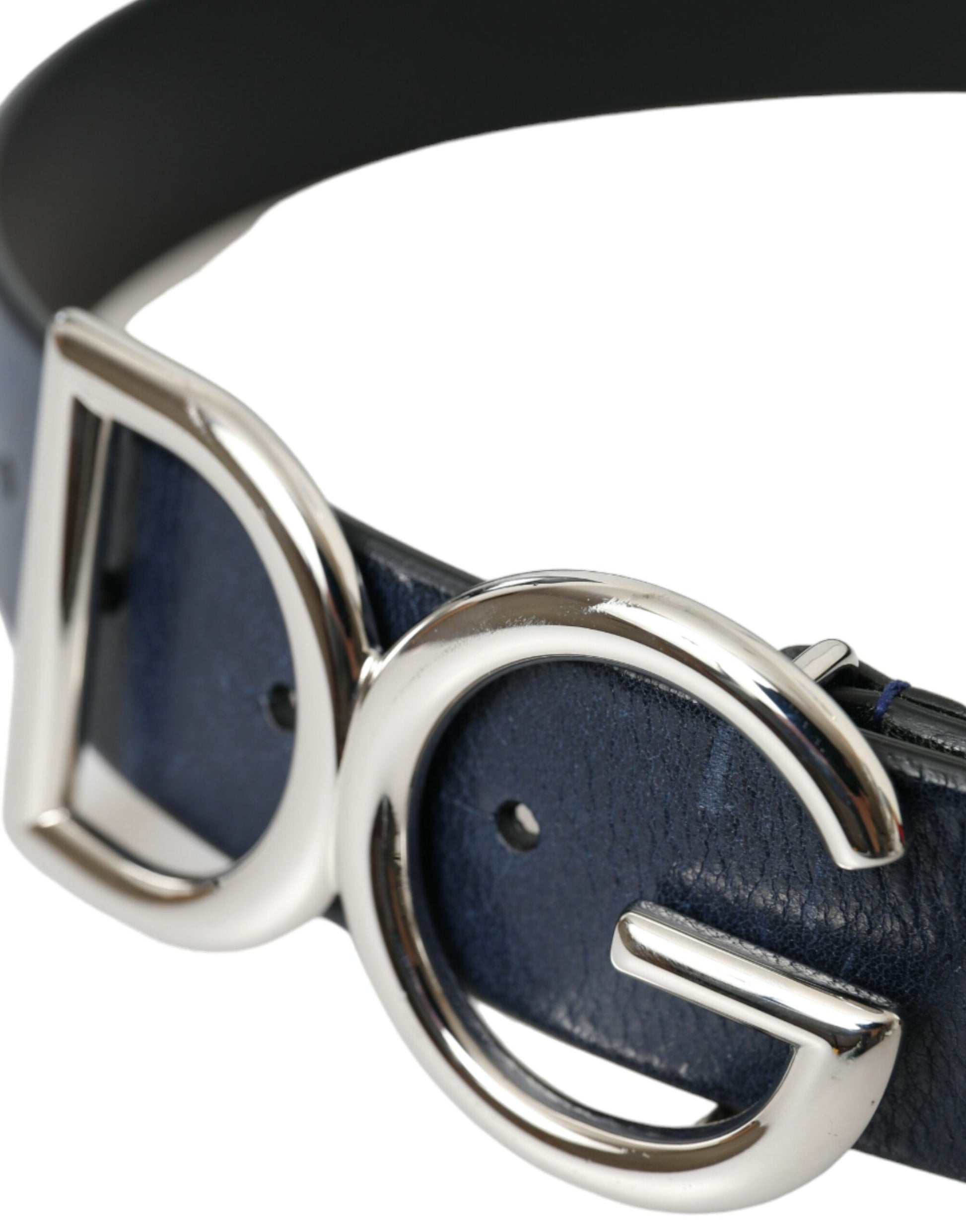 Blue Leather Silver Metal Logo Buckle Belt Men