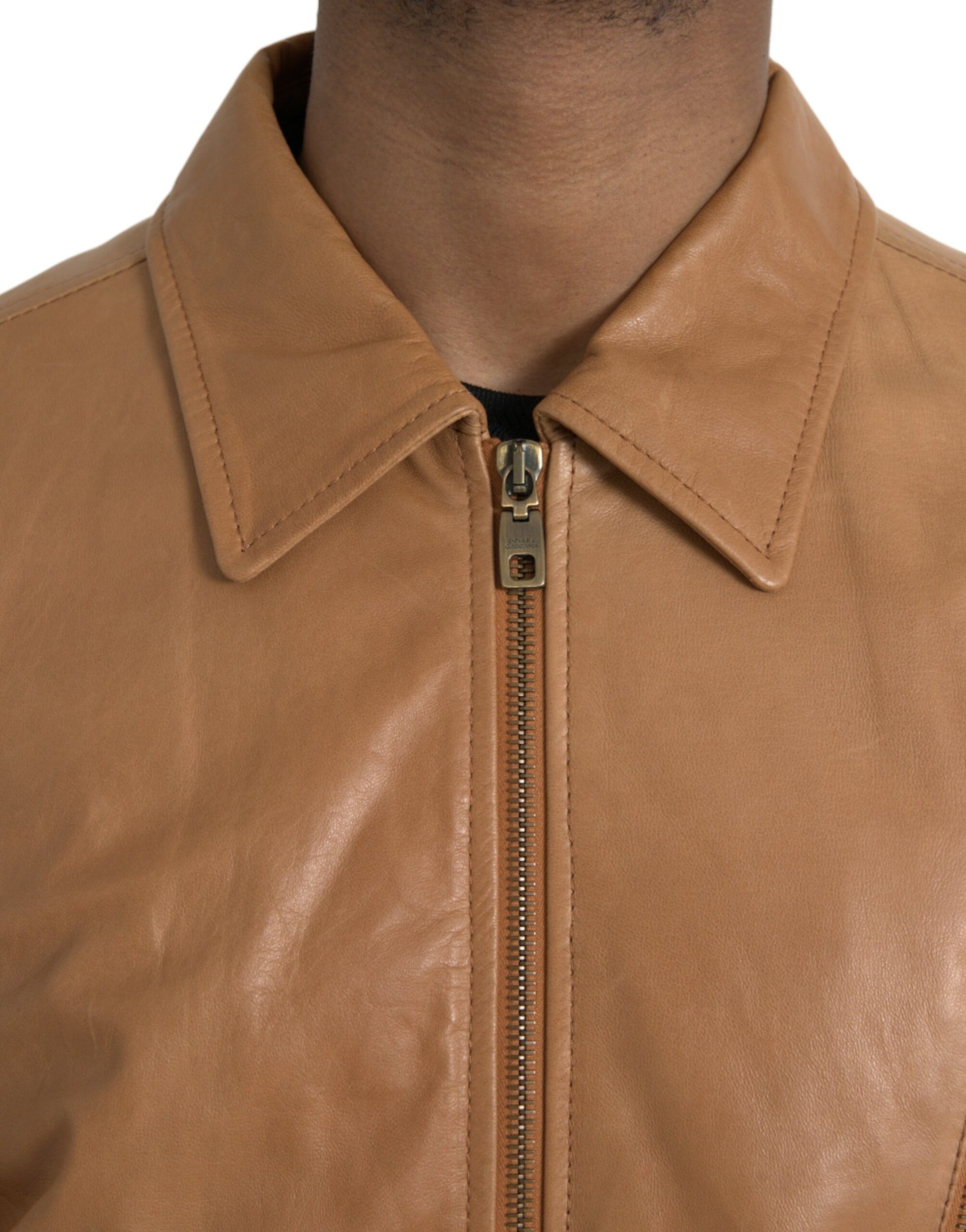 Brown Lamb Leather Full Zip Blouson Jacket