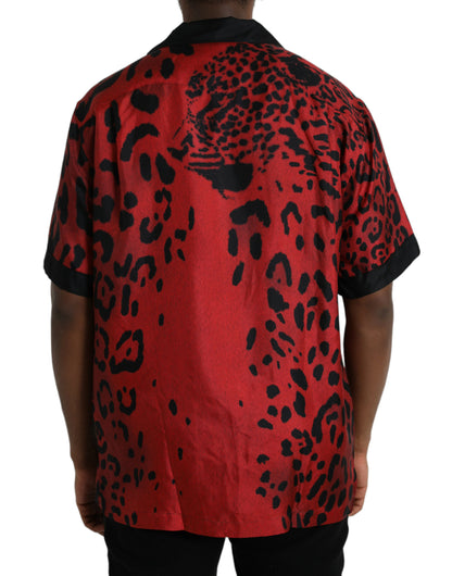 Camisa informal de seda con botones y estampado de leopardo rojo