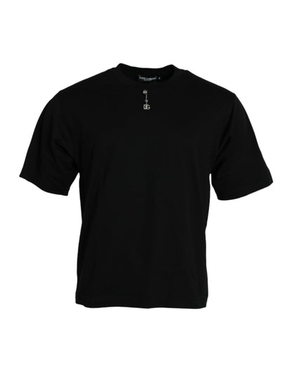 Black Embellished Cotton Crew Neck T-shirt