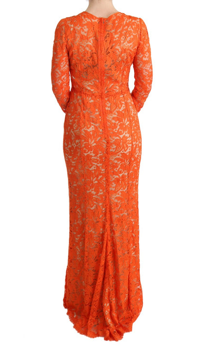 Elegant Long-Sleeve Full-Length Orange Sheath Dress