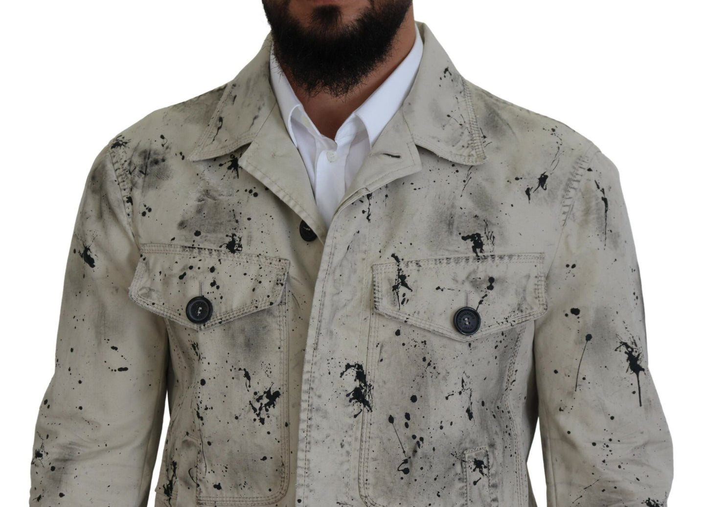 Chaqueta vaquera informal con estampado de salpicaduras negras y blanco roto