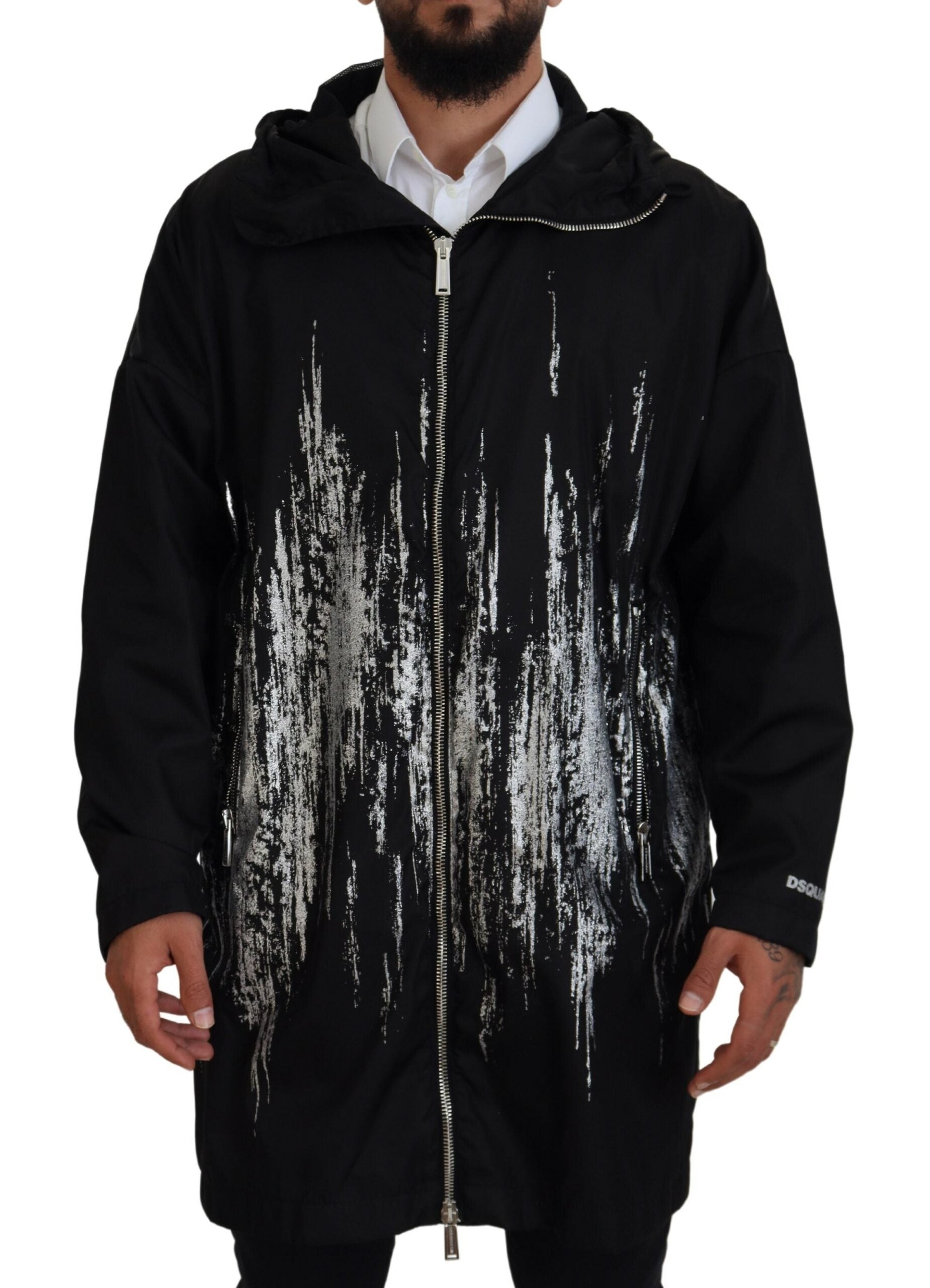 Black White Print Long Hooded Coat Nylon Jacket