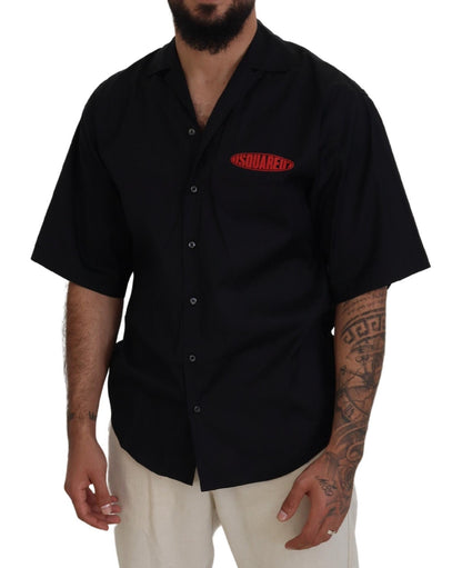 Black Cotton Collared Logo Print Short Sleeve Shirt