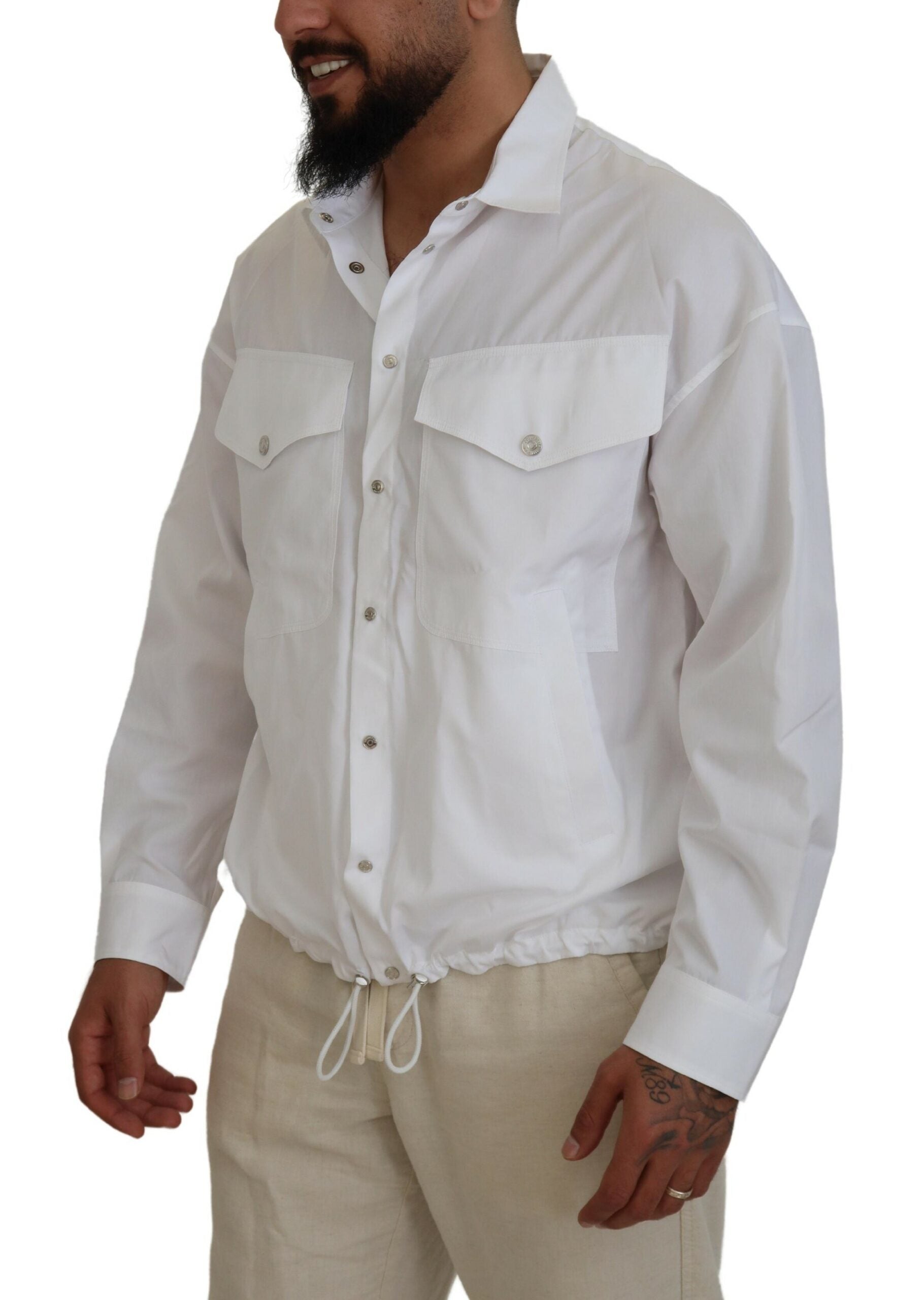 Chaqueta informal de manga larga con cuello de algodón blanco para hombre