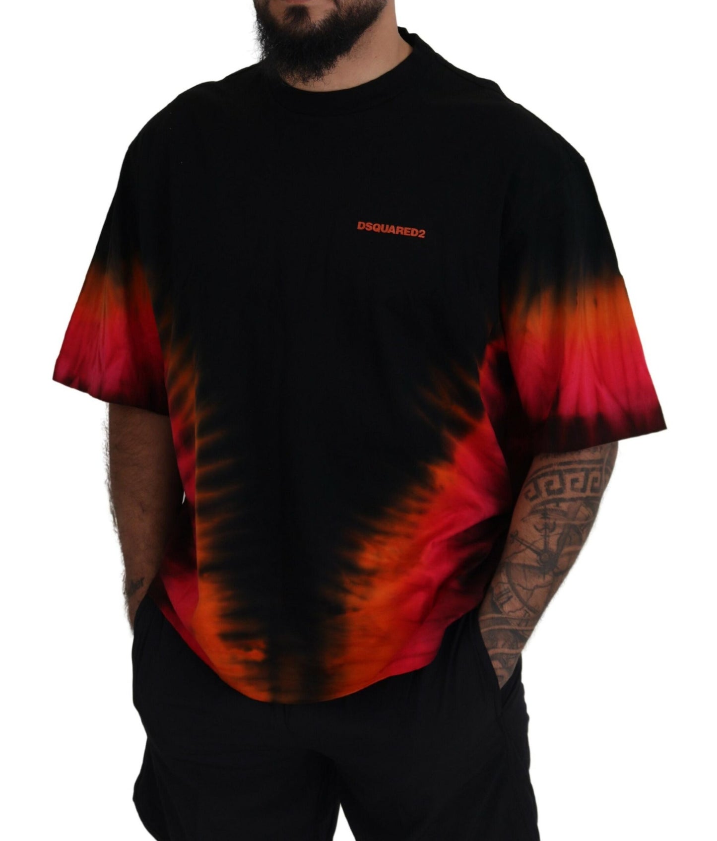 Camiseta de algodón de manga corta y cuello redondo en color negro y naranja