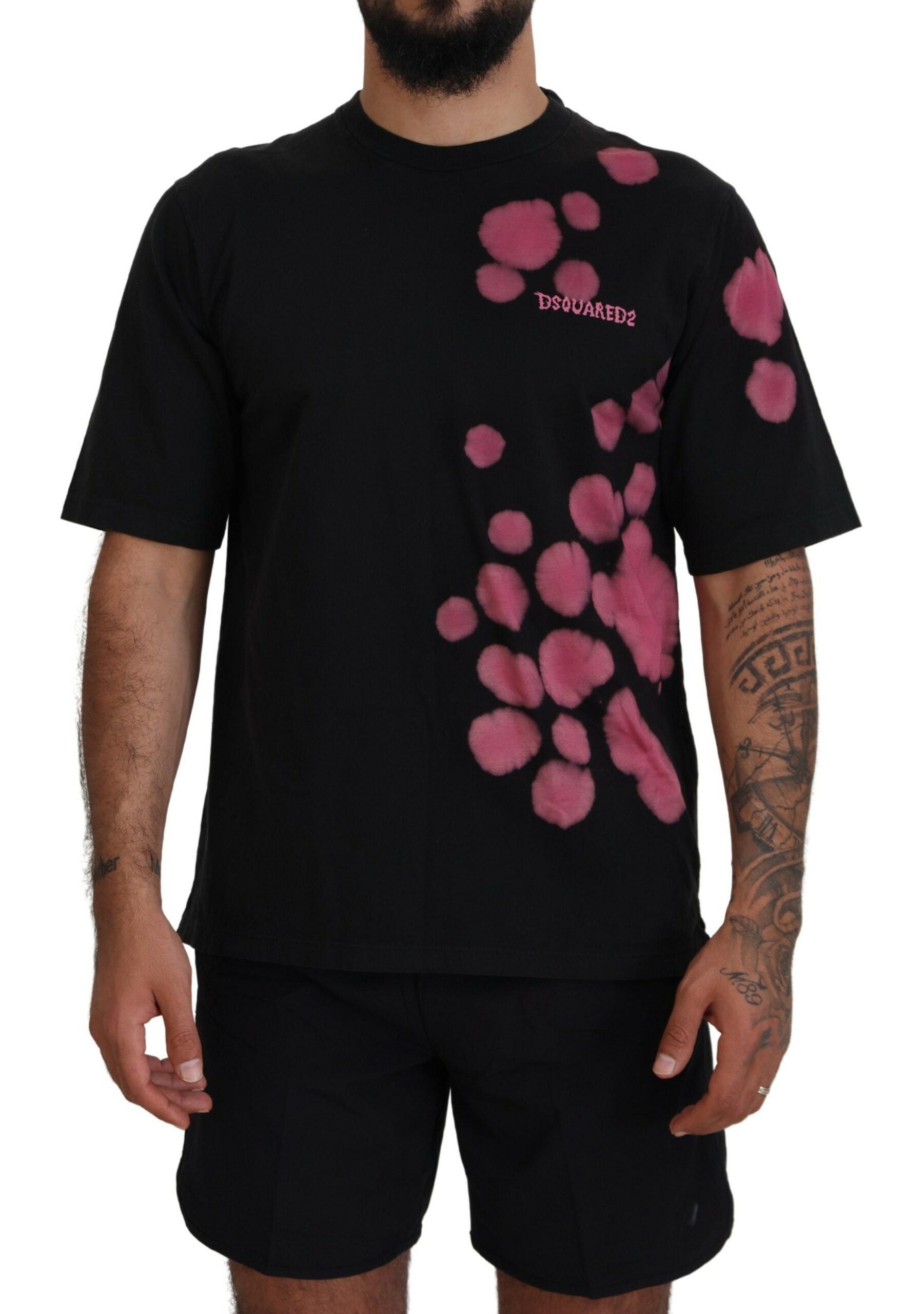 Camiseta de algodón de manga corta y cuello redondo en color negro y rosa