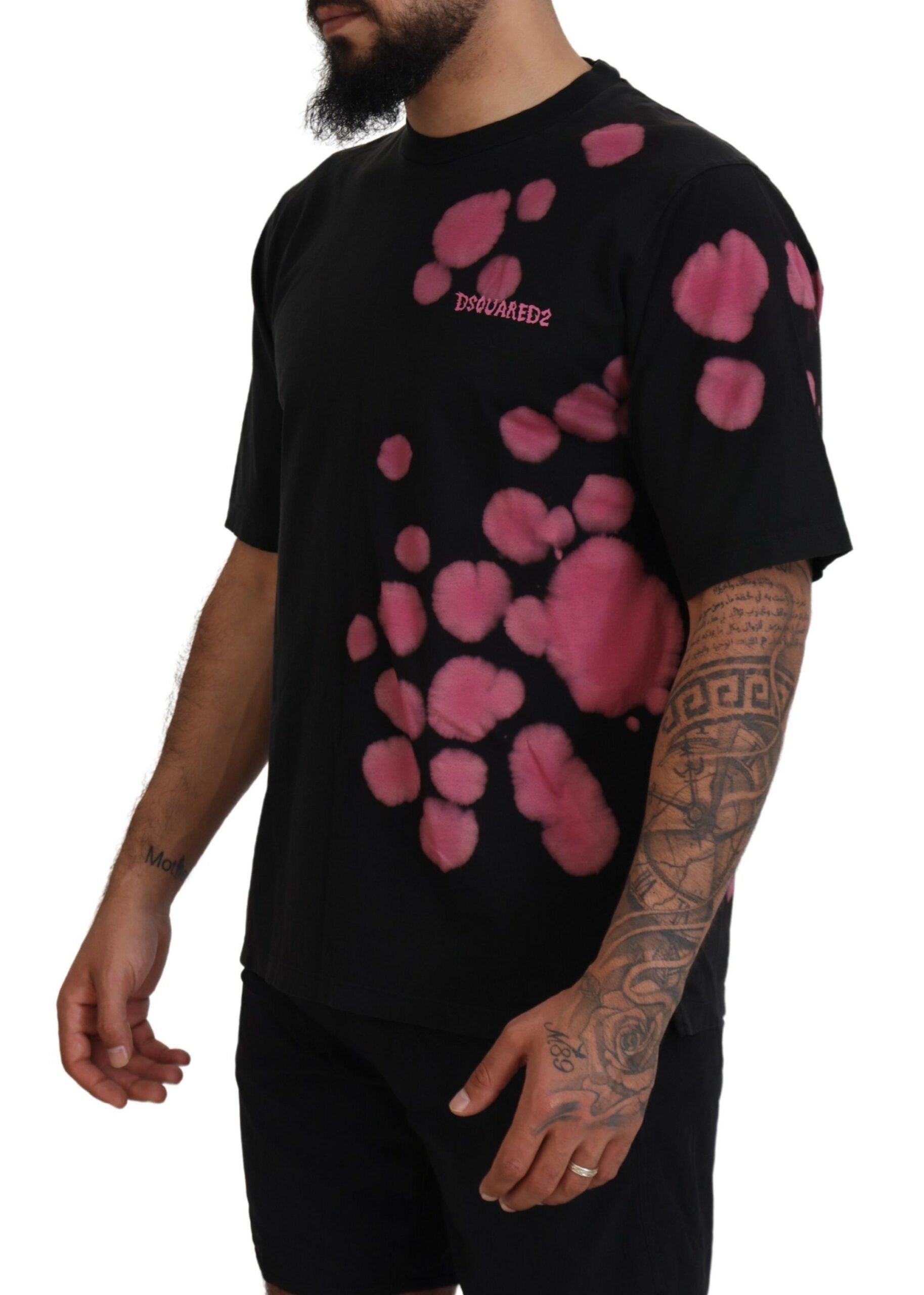 Camiseta de algodón de manga corta y cuello redondo en color negro y rosa