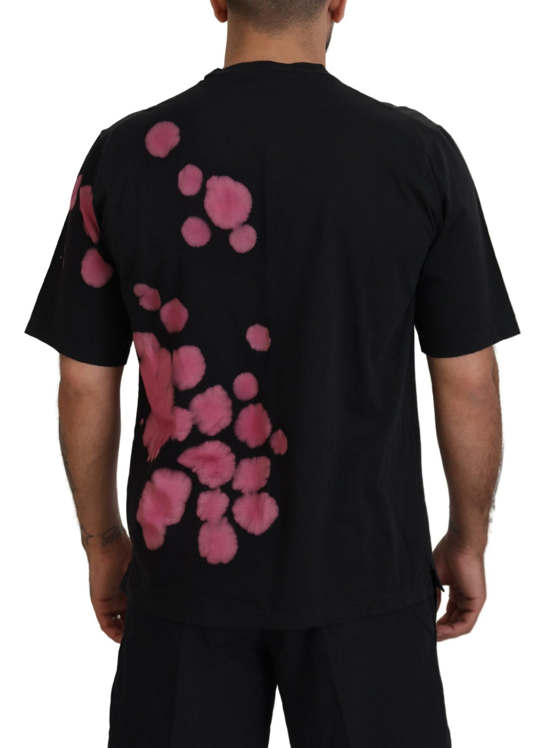 Camiseta de algodón de manga corta y cuello redondo en color negro y rosa