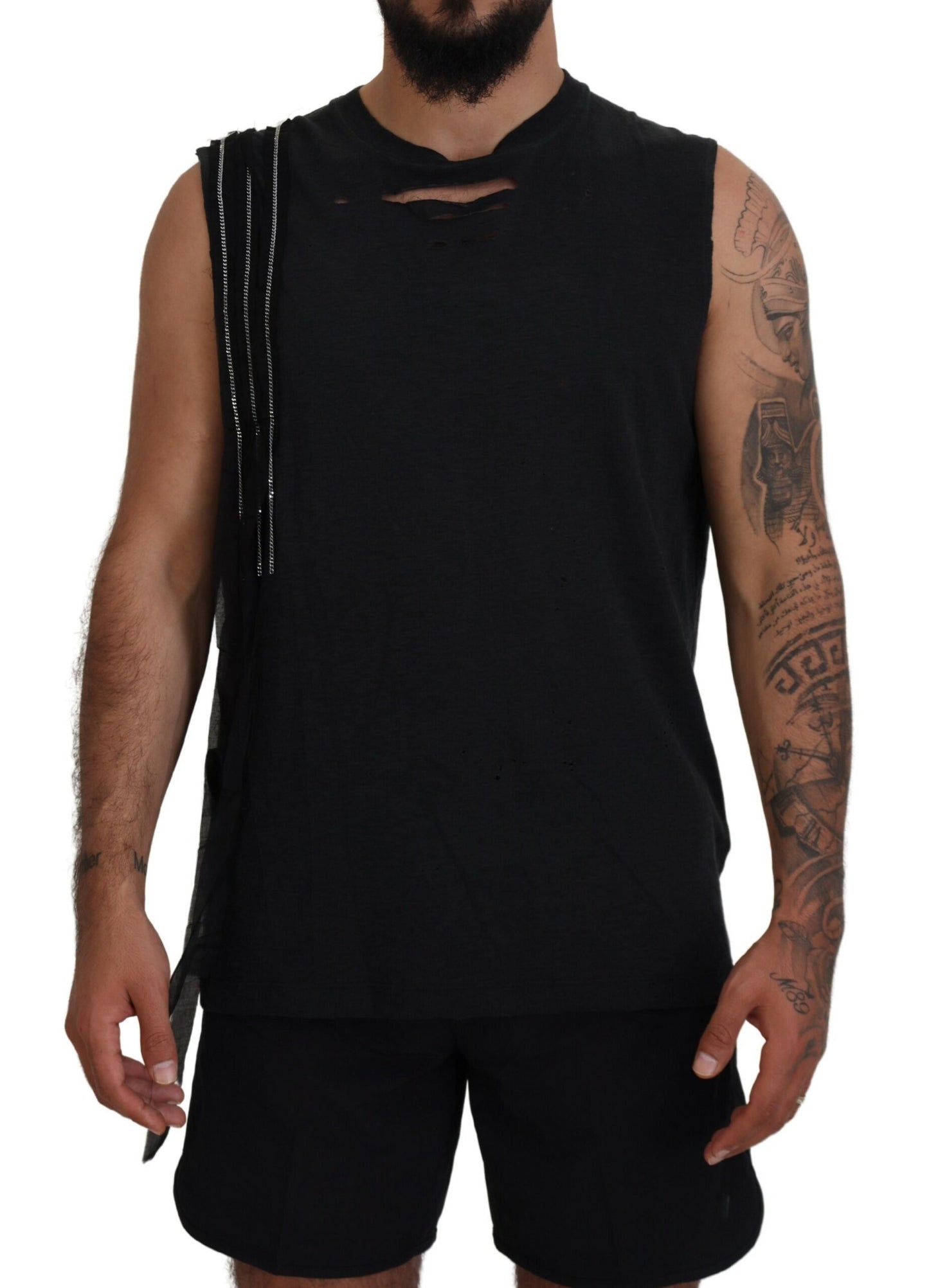 Camiseta sin mangas con cadena negra adornada para hombre