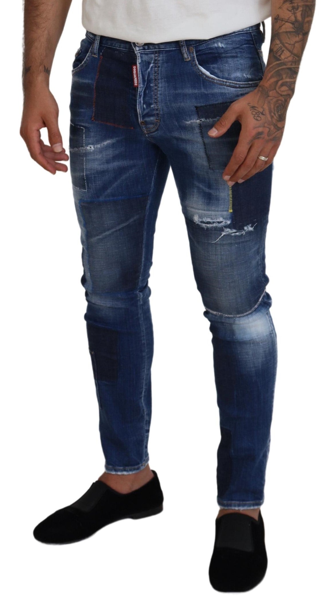 Blue Washed Patchwork Skinny Men Denim Jeans