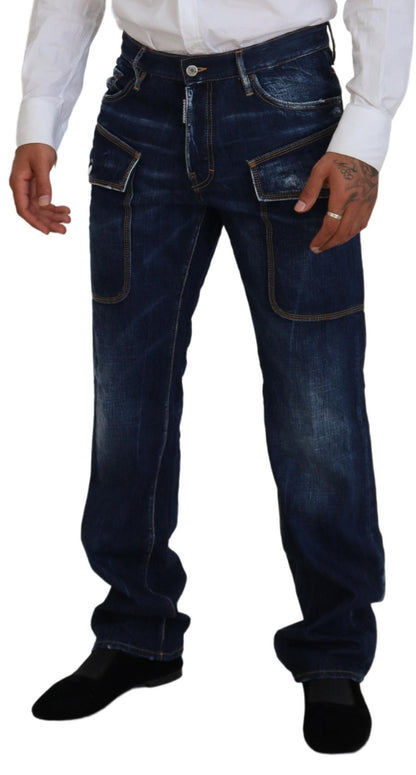 Blue Washed Cotton Cargo Casual Men Denim Jeans