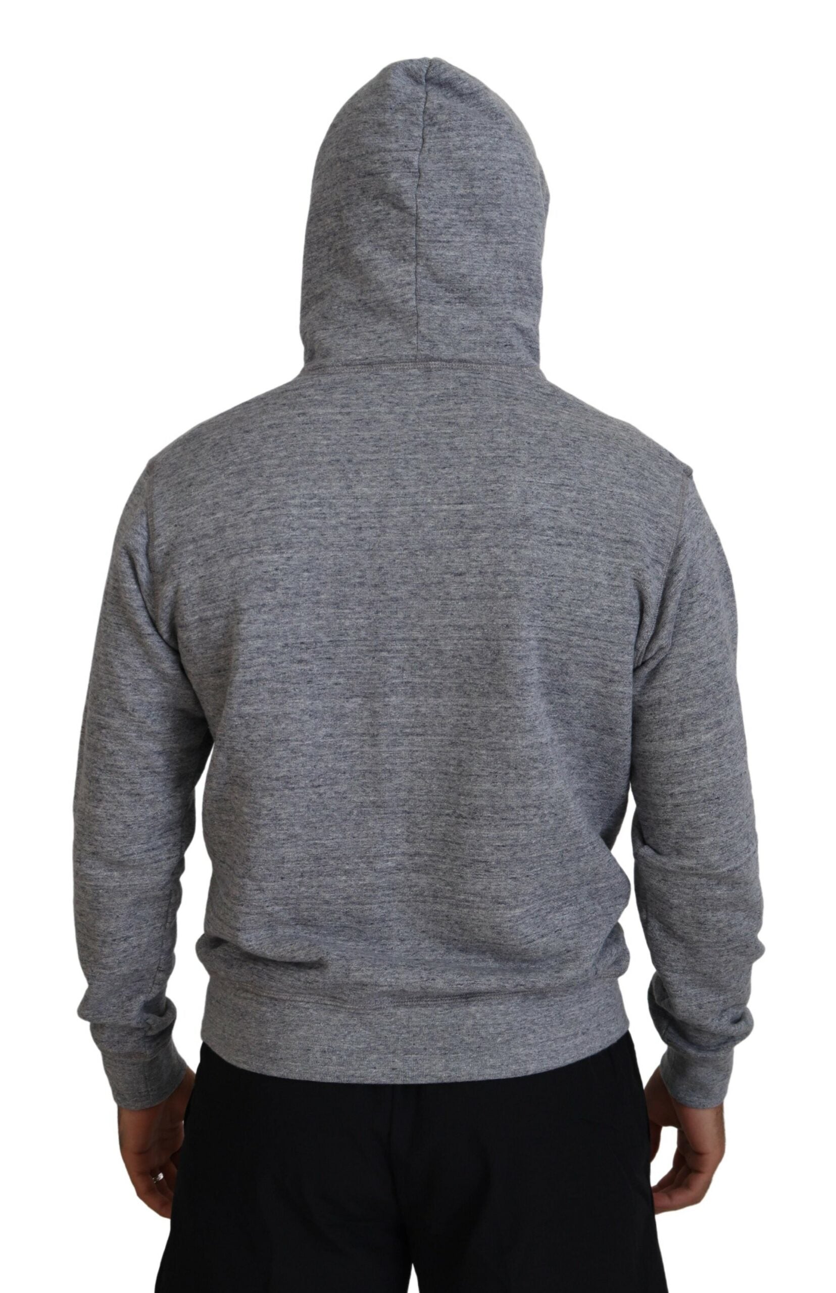 Gray Cotton Hooded Logo Print Men Pullover Sweater