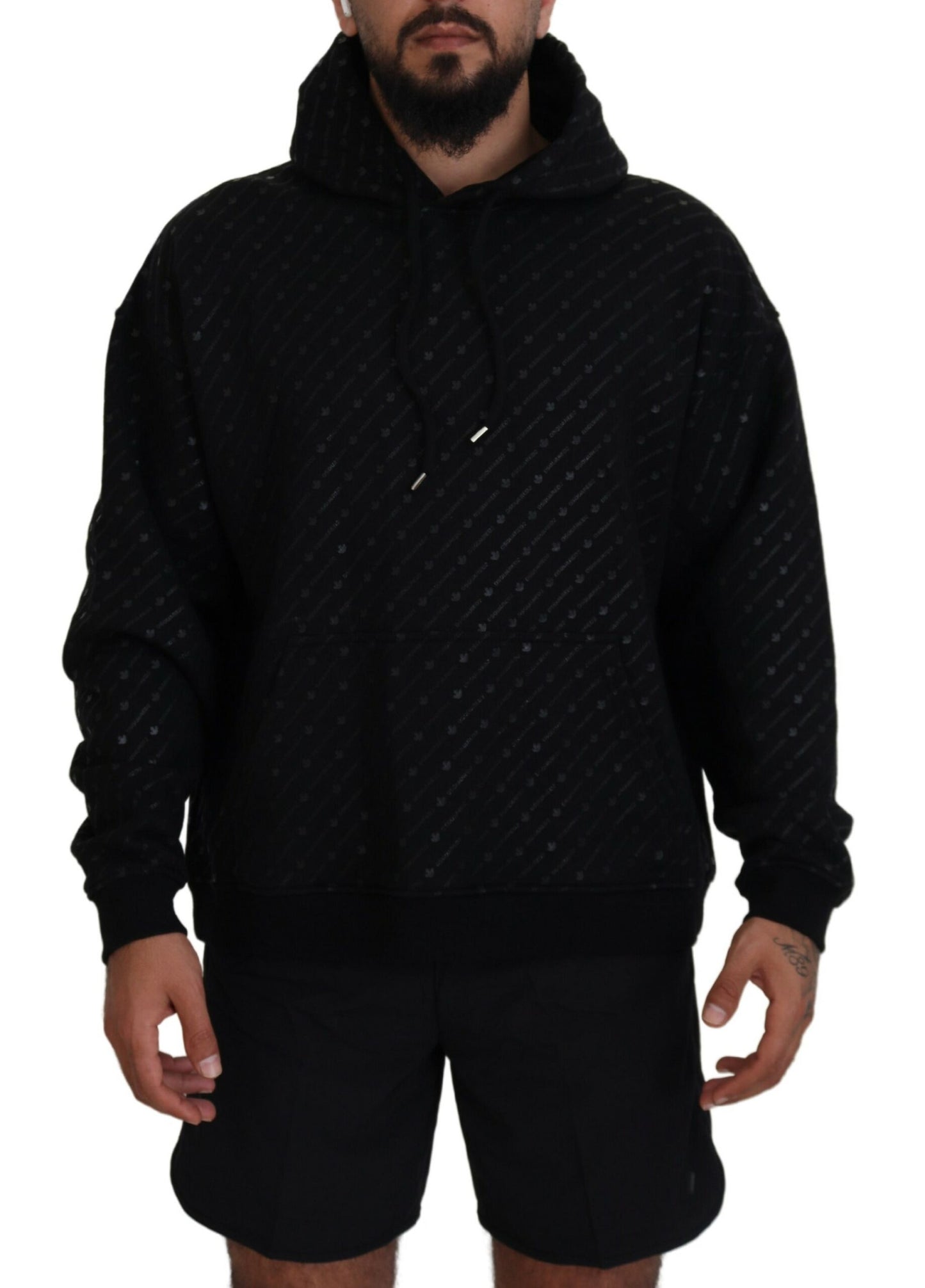 Black Cotton Hooded Printed Men Pullover Sweater