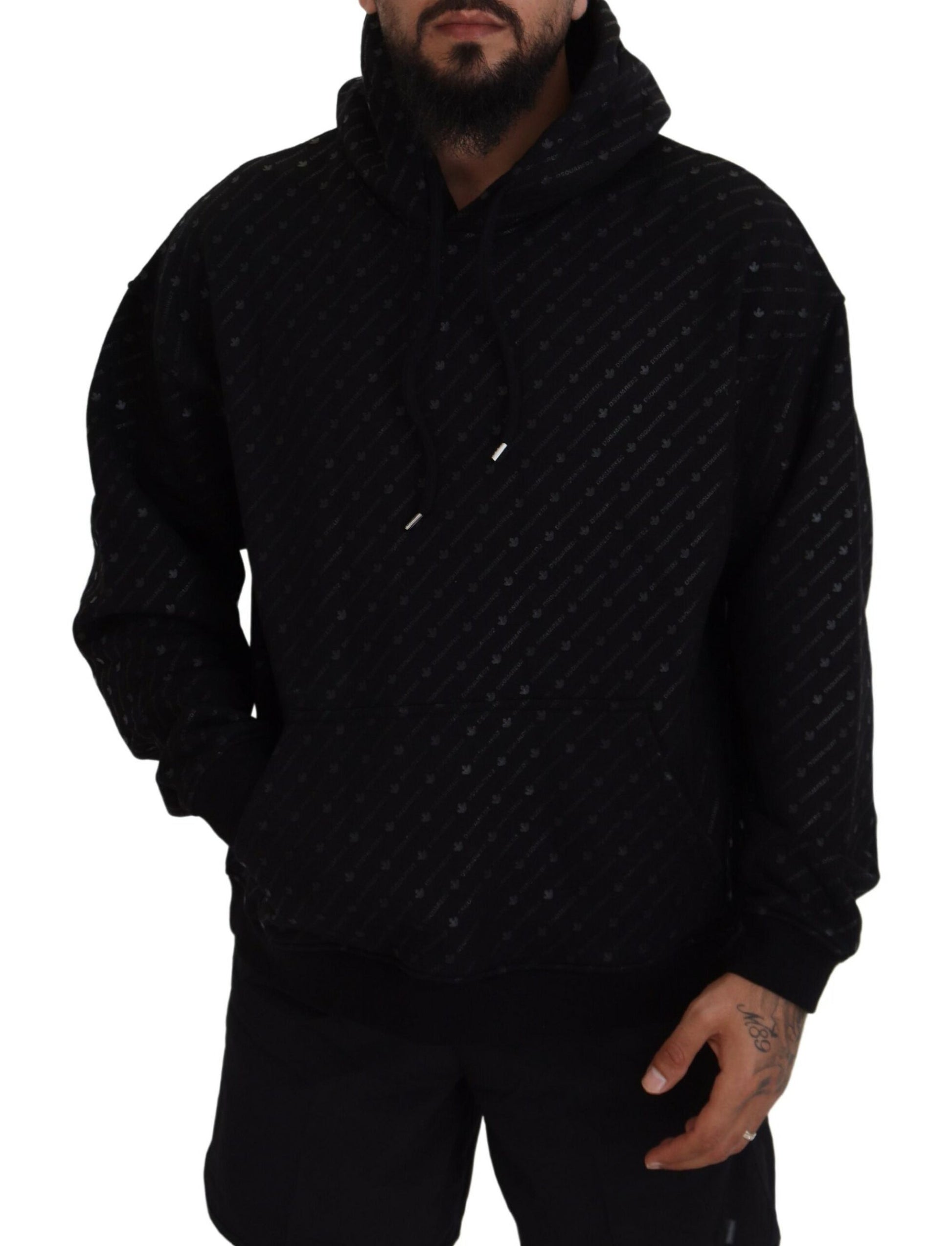 Black Cotton Hooded Printed Men Pullover Sweater