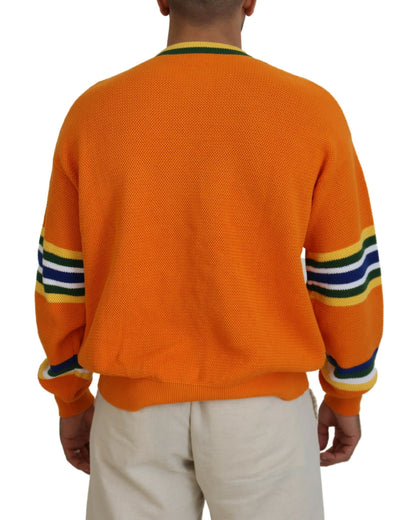 Orange Printed Long Sleeves Men Pullover Sweater