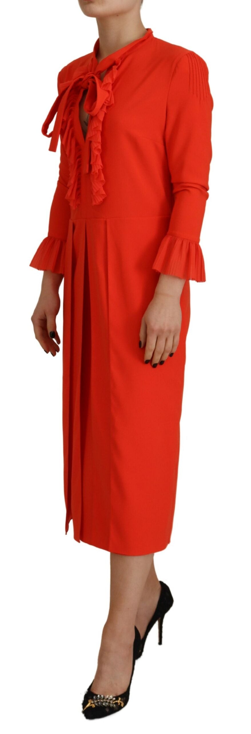 Red Polyester Long Sleeves Pleated Midi Dress