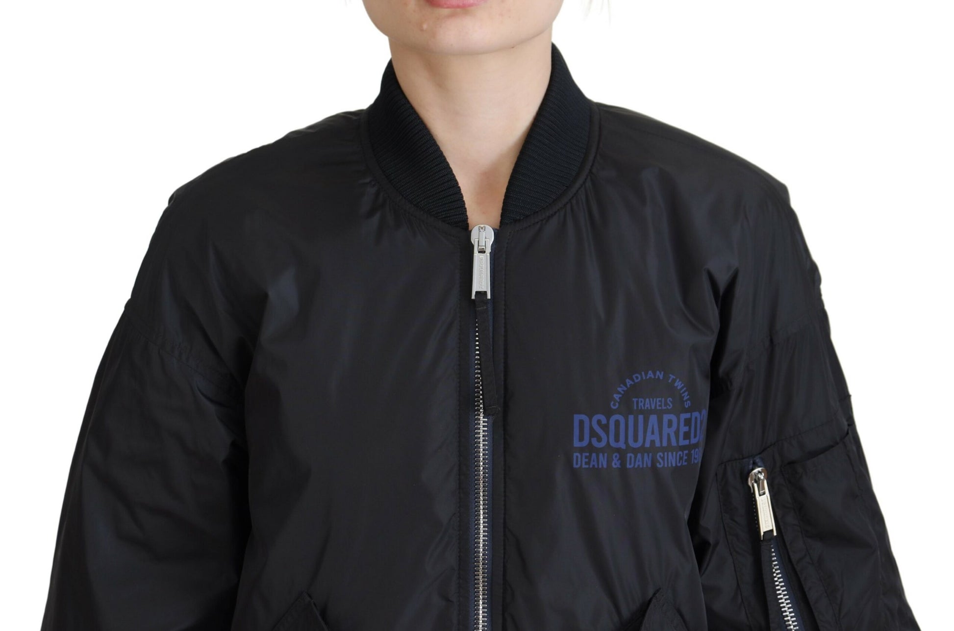 Chaqueta bomber con cremallera completa y estampado de logotipo negro para mujer