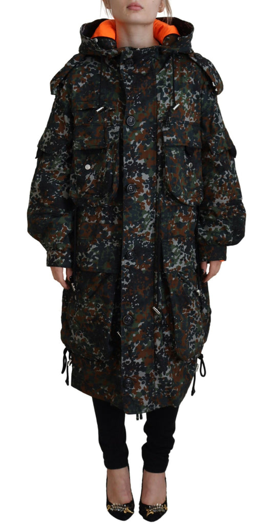 Green Hooded Goth Camouflage Print Parka Coat Jacket