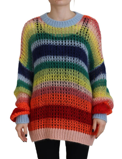 Multicolor Knitted Mohair Crewneck Pullover Sweater